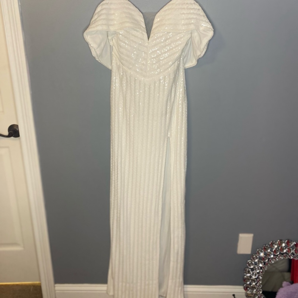 White striped beaded evening gown